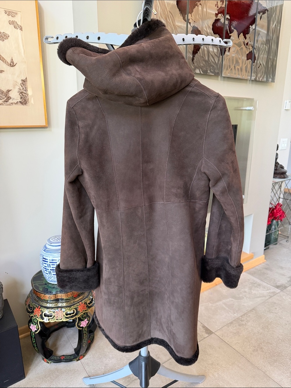 Blue Duck Chocolate Brown Shearling Coat with Wide Collar Hood - Women Size S - Picture 2 of 11